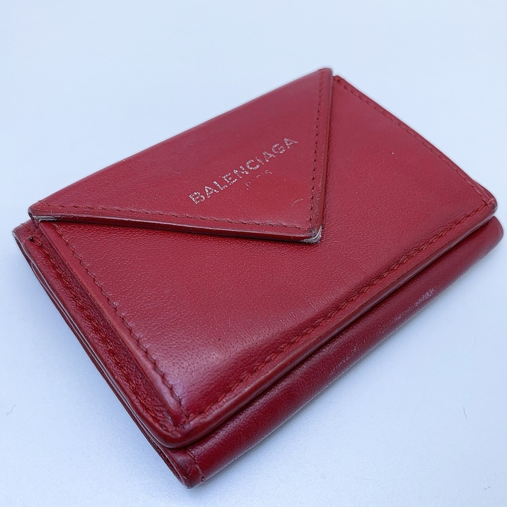 Balenciaga Papier Lambskin Leather Mini Tri-Fold Wallet in Red